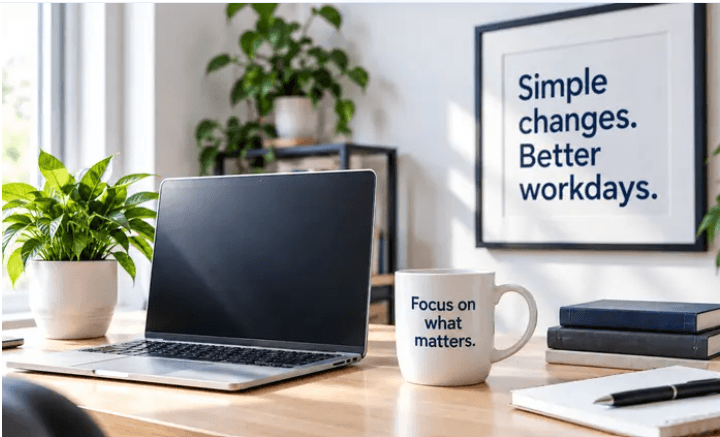 A bright, tidy desk with a laptop, potted plants, books, and a notebook, a white coffee mug that reads "Focus on what matters." and a framed sign on the wall that reads "Simple changes. Better workdays."