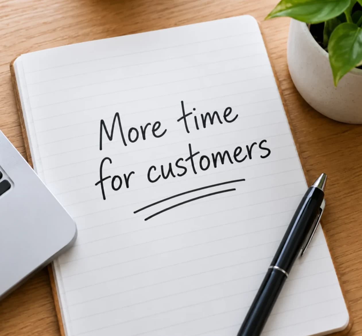 An open notebook on a wooden desk beside a laptop, a pen, and a potted plant, with the handwritten words "More time for customers" underlined.